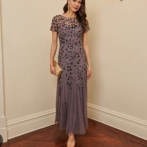 Adrianna Papell Elegant Embroidered Evening Gown Purple NWT